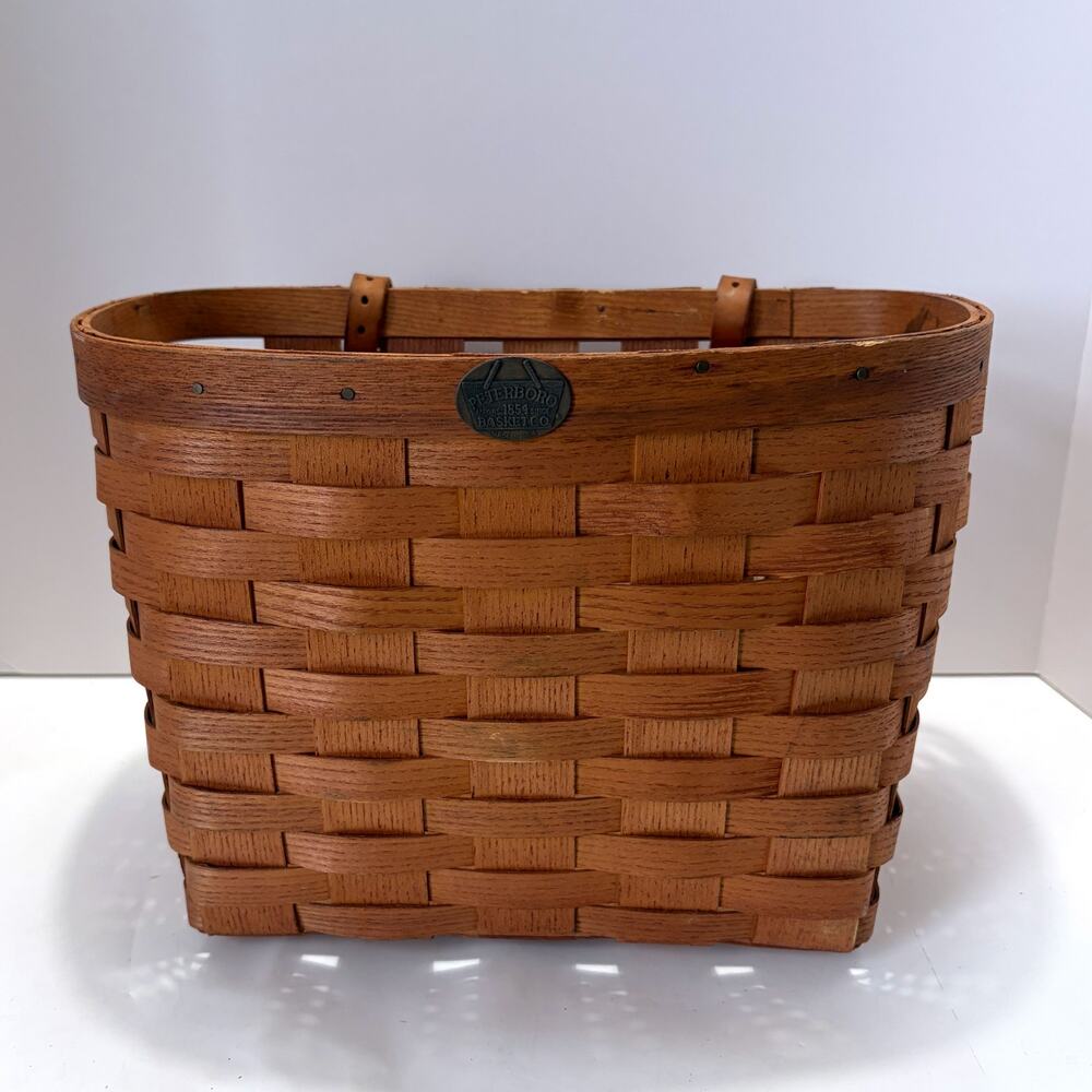 Peterboro Basket Co Bicycle Basket Leather Straps Woven Ash Wood Made USA